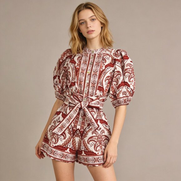 NWOT Farm Rio Tropical Cameo Belted Romper Size XL 100% Cotton Puff Sleeves